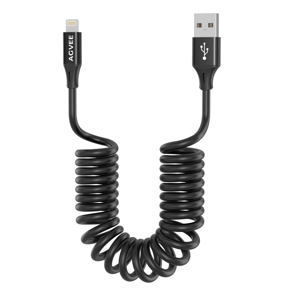 AGVEE 2 Pack 3ft Coiled Short USB to Lightning Charging Cable [MFI Certified] 3A Fast Charger Cord in Car for iPhone 14/13/12/11/XS/8/7/6/5 CarPlay, iPad, iPod, Black