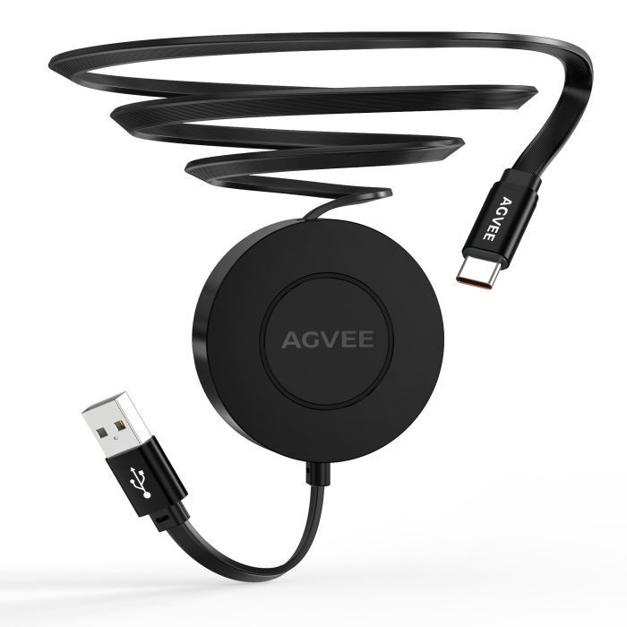 AGVEE USB C Charger Cable Mountable One Way Retractable 3A Fast Charging Cord, Pocket-Sized