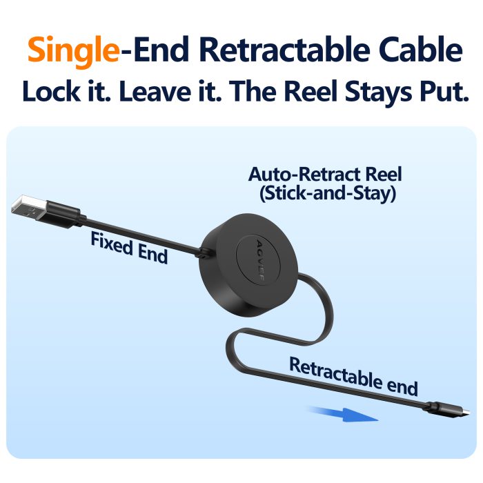 AGVEE USB C Charger Cable Mountable One Way Retractable 3A Fast Charging Cord, Pocket-Sized