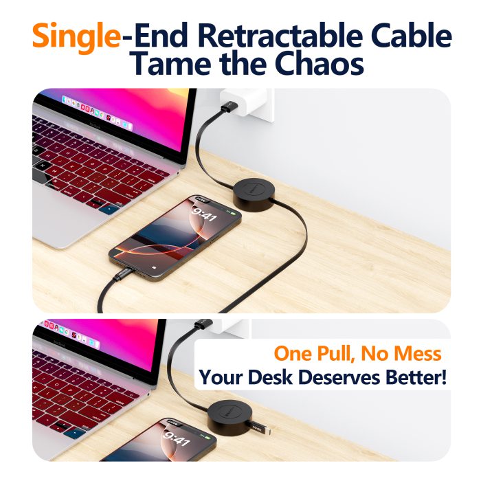AGVEE USB C Charger Cable Mountable One Way Retractable 3A Fast Charging Cord, Pocket-Sized