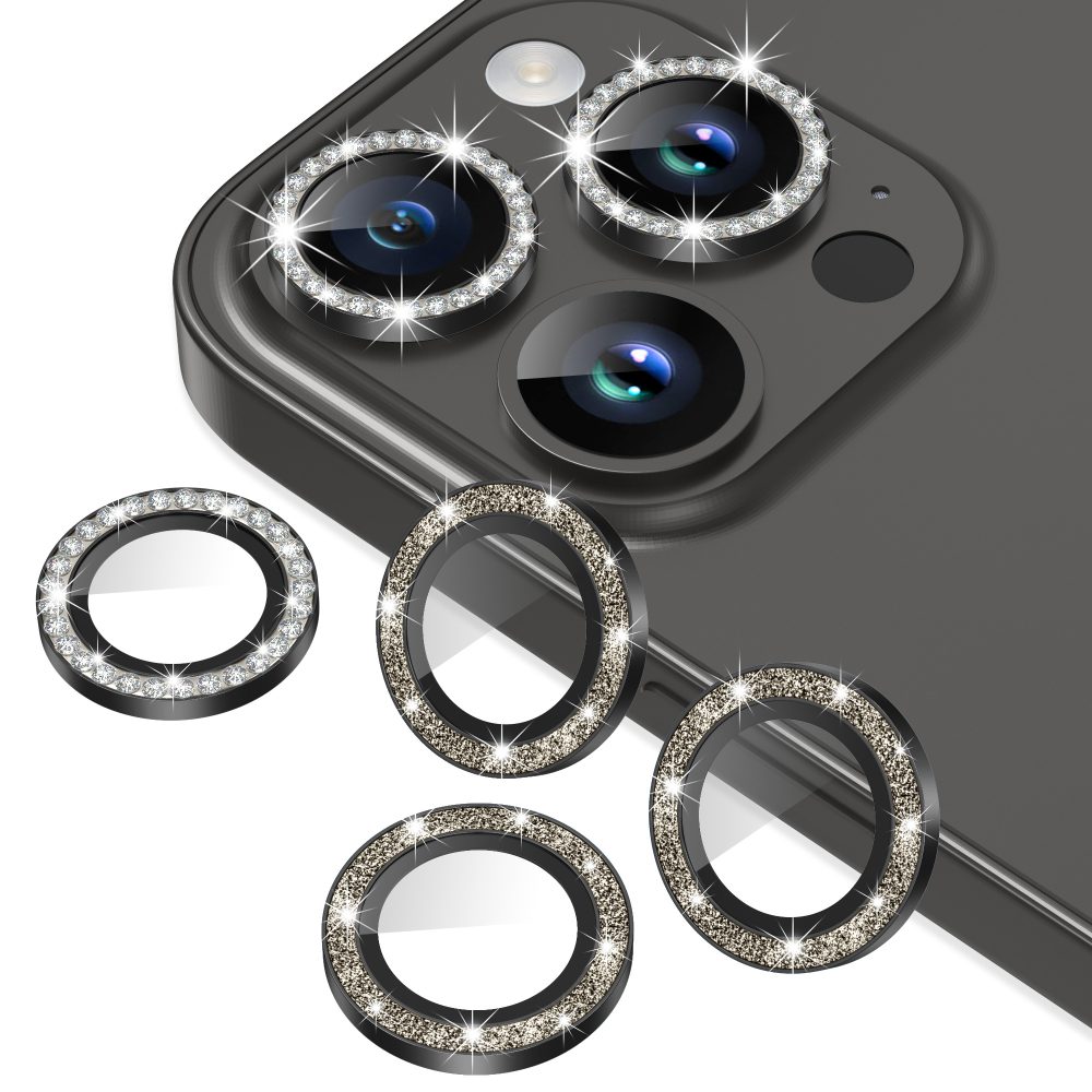 AGVEE 3+3 6 Pack for iPhone 15 Pro 6.1" / 15 Pro Max 6.7" Camera Lens Cover Protector, Bling Diamond & Bling Glitter Metal Ring 9H Tempered HD Glass Camera Cover Protector Film, Bling-Black