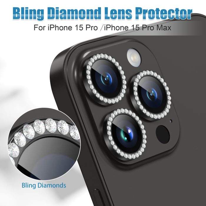 AGVEE 3+3 6 Pack for iPhone 15 Pro 6.1" / 15 Pro Max 6.7" Camera Lens Cover Protector, Bling Diamond & Bling Glitter Metal Ring 9H Tempered HD Glass Camera Cover Protector Film, Bling-Black