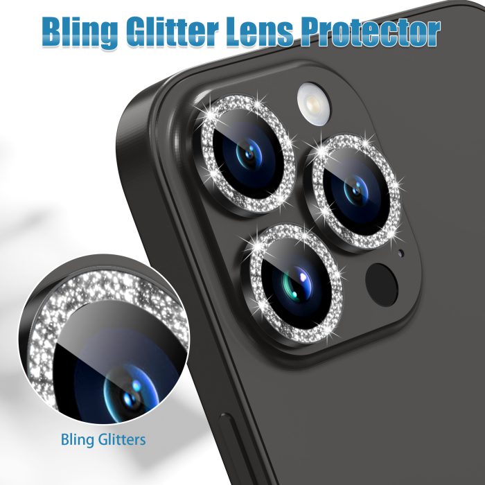 AGVEE 3+3 6 Pack for iPhone 15 Pro 6.1" / 15 Pro Max 6.7" Camera Lens Cover Protector, Bling Diamond & Bling Glitter Metal Ring 9H Tempered HD Glass Camera Cover Protector Film, Bling-Black