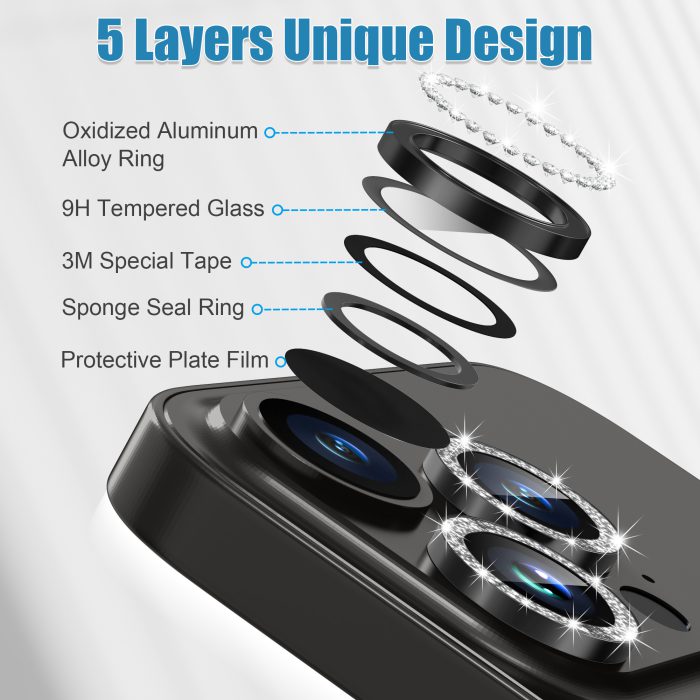 AGVEE 3+3 6 Pack for iPhone 15 Pro 6.1" / 15 Pro Max 6.7" Camera Lens Cover Protector, Bling Diamond & Bling Glitter Metal Ring 9H Tempered HD Glass Camera Cover Protector Film, Bling-Black