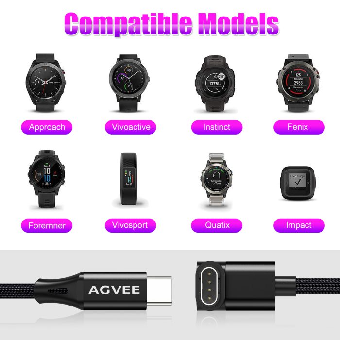 AGVEE 2 Pack 90 Degree Angled Braided USB C Charger Cable Charing Cord for Garmin Watch