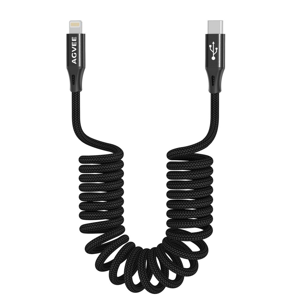 AGVEE 2 Pack 3ft Coiled Short USB-C to Lightning Charging Cable [MFI Certified] 30W PD Fast Charger Cord in Car for iPhone 14/13/12/11/XS/8/7/6/5 CarPlay, iPad, iPod, Black