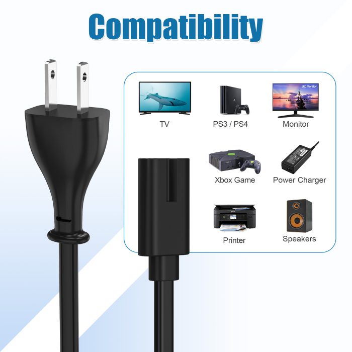 AGVEE 5ft TV Power Cord,  Concise I-Shaped IEC C7 UL Listed 2-Prong AC Power Cable IEC C7 C8 Compatible with Samsung LG Sony Insignia Apple TV LCD LED, Vizio Roku JBL Partybox, Black