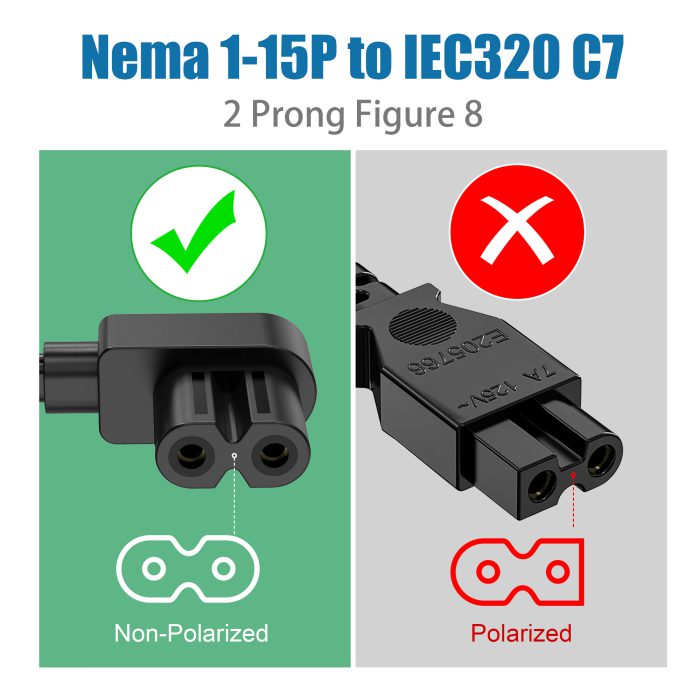 AGVEE 5ft TV Power Cord, 90 Degree Angled L-Shaped UL Listed 2-Prong AC Power Cable IEC C7 C8 Compatible with Samsung LG Sony Insignia Apple TV LCD LED, Vizio Roku JBL Partybox, Black