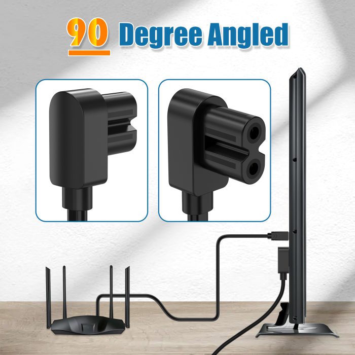 AGVEE 5ft TV Power Cord, 90 Degree Angled L-Shaped UL Listed 2-Prong AC Power Cable IEC C7 C8 Compatible with Samsung LG Sony Insignia Apple TV LCD LED, Vizio Roku JBL Partybox, Black