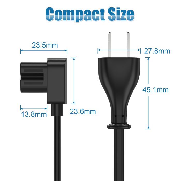 AGVEE 5ft TV Power Cord, 90 Degree Angled L-Shaped UL Listed 2-Prong AC Power Cable IEC C7 C8 Compatible with Samsung LG Sony Insignia Apple TV LCD LED, Vizio Roku JBL Partybox, Black