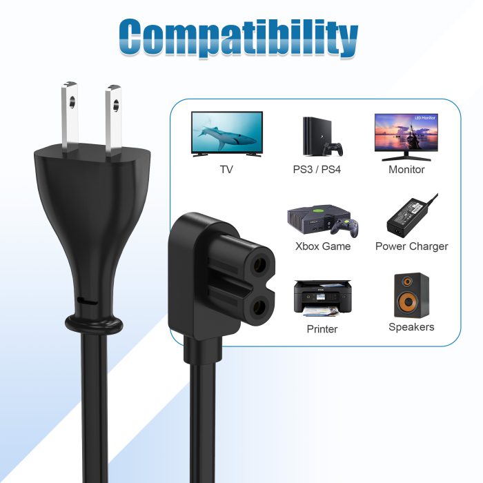 AGVEE 5ft TV Power Cord, 90 Degree Angled L-Shaped UL Listed 2-Prong AC Power Cable IEC C7 C8 Compatible with Samsung LG Sony Insignia Apple TV LCD LED, Vizio Roku JBL Partybox, Black