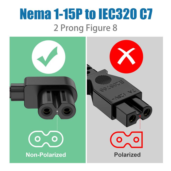 AGVEE 5ft TV Power Cord, 90 Degree Angled L-Shaped UL Listed 2-Prong AC Power Cable IEC C7 C8 Compatible with Samsung LG Sony Insignia Apple TV LCD LED, Vizio Roku JBL Partybox, Black