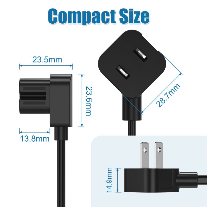 AGVEE 5ft TV Power Cord, 90 Degree Angled L-Shaped UL Listed 2-Prong AC Power Cable IEC C7 C8 Compatible with Samsung LG Sony Insignia Apple TV LCD LED, Vizio Roku JBL Partybox, Black