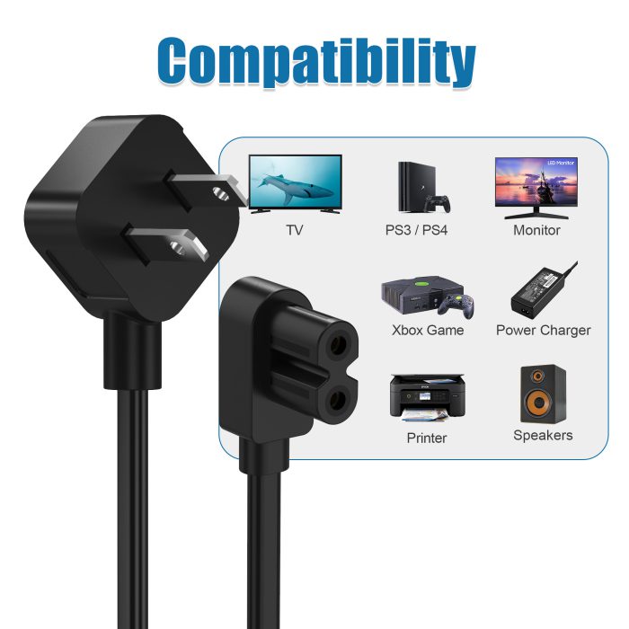 AGVEE 5ft TV Power Cord, 90 Degree Angled L-Shaped UL Listed 2-Prong AC Power Cable IEC C7 C8 Compatible with Samsung LG Sony Insignia Apple TV LCD LED, Vizio Roku JBL Partybox, Black