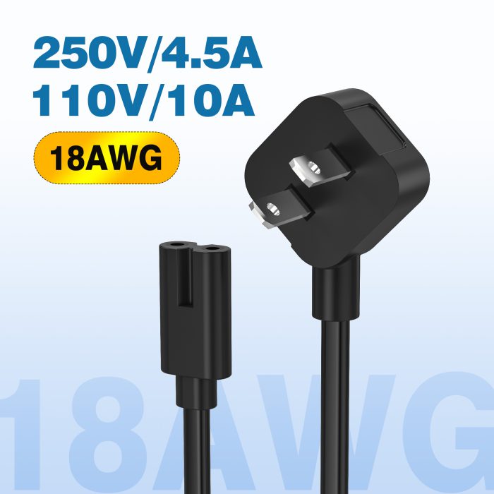AGVEE 5ft TV Power Cord, 90 Degree UL Listed 18AWG 2-Prong Square AC Power Cable IEC C7 C8 Replacement for Samsung LG Sony Insignia Apple TV LCD LED, Vizio Roku JBL Partybox, Black