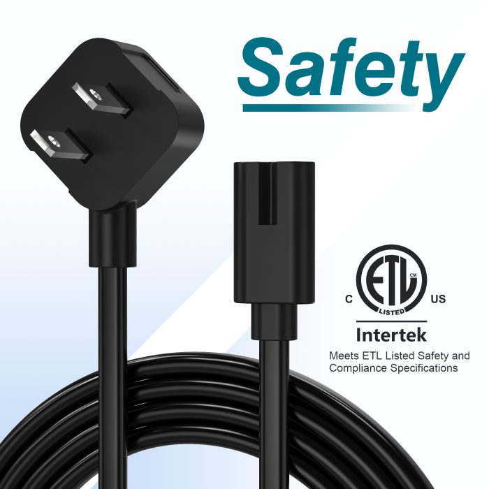 AGVEE 5ft TV Power Cord, 90 Degree UL Listed 18AWG 2-Prong Square AC Power Cable IEC C7 C8 Replacement for Samsung LG Sony Insignia Apple TV LCD LED, Vizio Roku JBL Partybox, Black