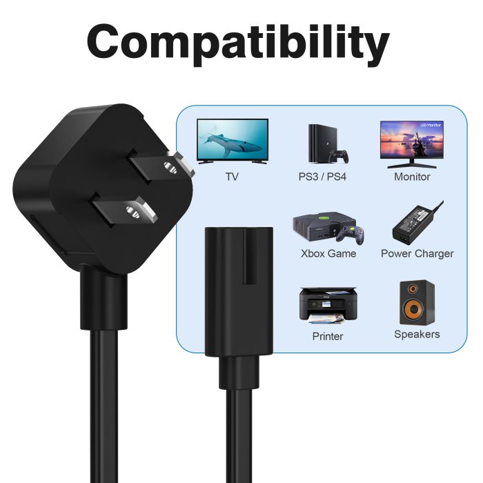 AGVEE 5ft TV Power Cord, 90 Degree UL Listed 18AWG 2-Prong Square AC Power Cable IEC C7 C8 Replacement for Samsung LG Sony Insignia Apple TV LCD LED, Vizio Roku JBL Partybox, Black