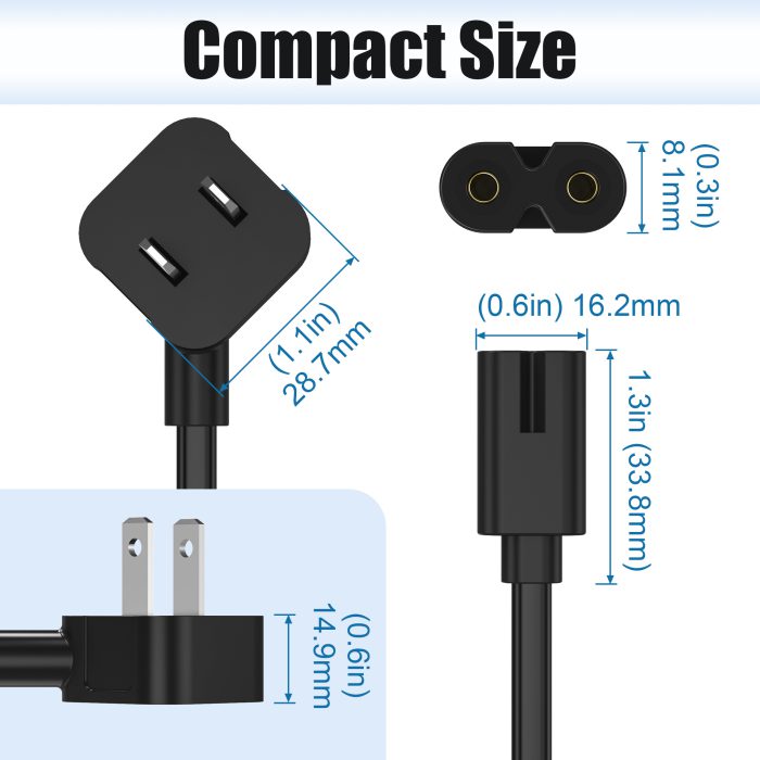AGVEE 5ft TV Power Cord, 90 Degree UL Listed 18AWG 2-Prong Square AC Power Cable IEC C7 C8 Replacement for Samsung LG Sony Insignia Apple TV LCD LED, Vizio Roku JBL Partybox, Black